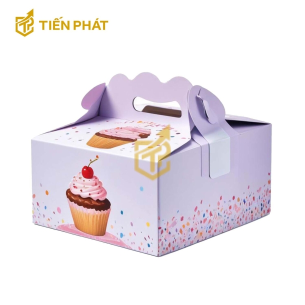 Hộp bánh sinh nhật vuông, màu tím, in hình bánh kem nhỏ