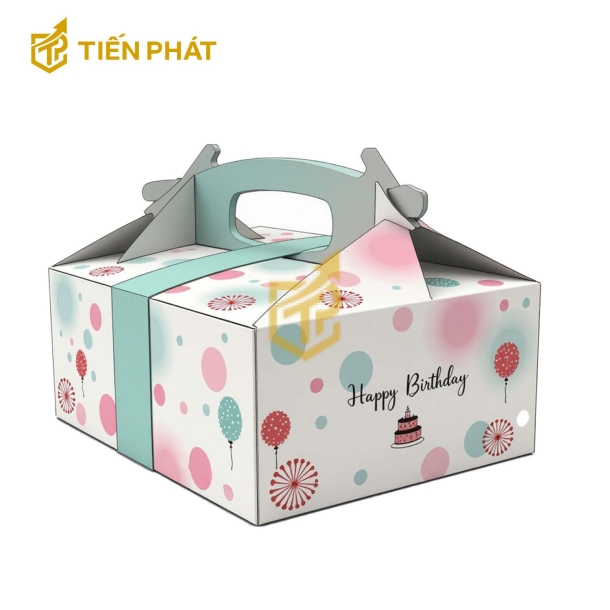 Hộp bánh sinh nhật vuông, màu trắng, in hình bánh kem, bong bóng và chữ "Happy Birthday"