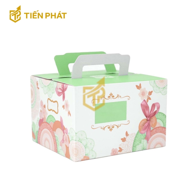 Hộp bánh sinh nhật vuông, màu trắng, in hình bông hoa và nơ