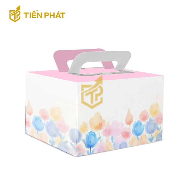 Hộp bánh sinh nhật vuông, màu trắng, in hình các bông hoa nhiều màu sắc