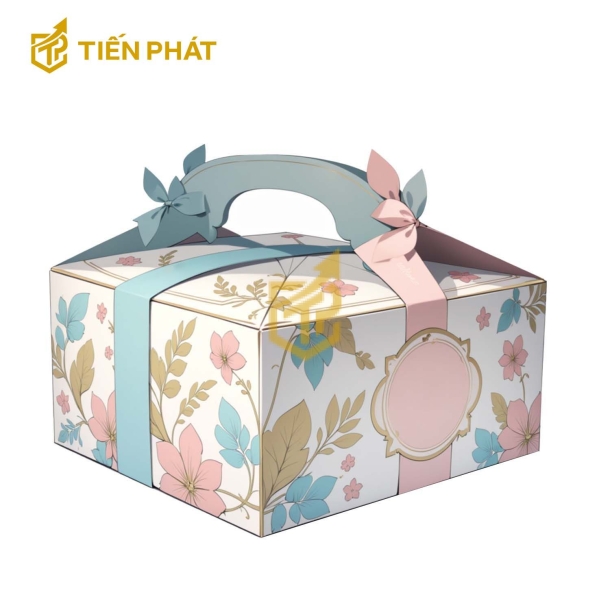 Hộp bánh sinh nhật vuông, màu trắng, in hình cành hoa