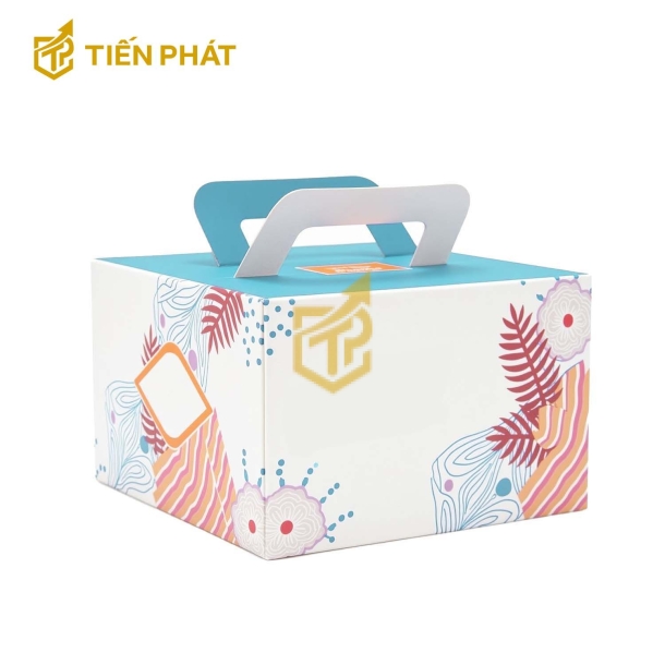 Hộp bánh sinh nhật vuông, màu trắng, in hình họa tiết độc đáo