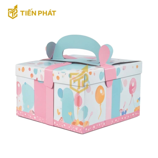 Hộp bánh sinh nhật vuông, màu xanh ngọc bích, in hình nhiều bong bóng