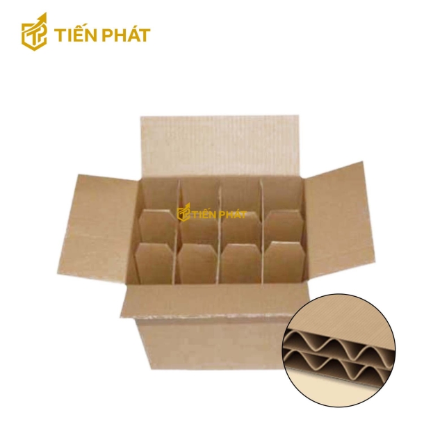 Hộp carton 5 lớp, nắp mở 2 bên, nhiều ngăn, màu nâu, không họa tiết