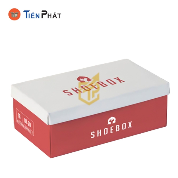 Hộp carton đựng giày màu đỏ nắp trắng, nắp âm dương