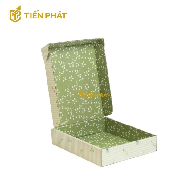 Hộp carton nắp gài, hình vuông, màu xanh, in hình lá cây