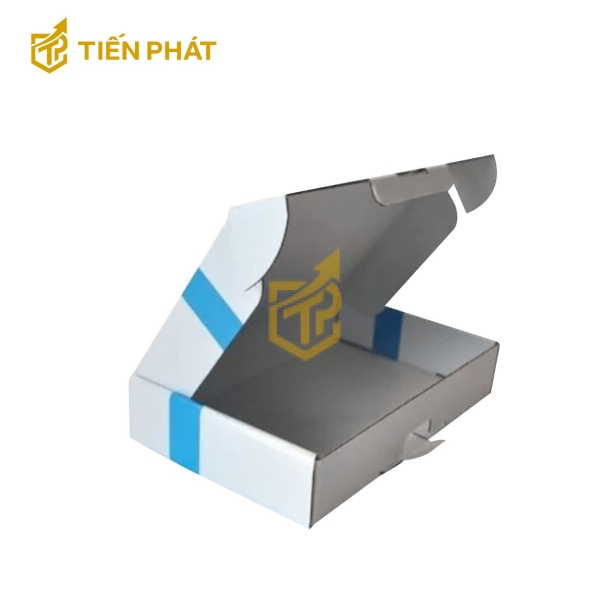 Hộp carton nắp gài màu trắng, sọc xanh biển