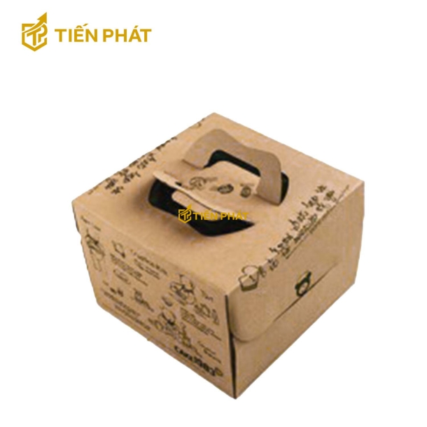 Hộp carton vuông, màu nâu, có quai, họa tiết đơn giản
