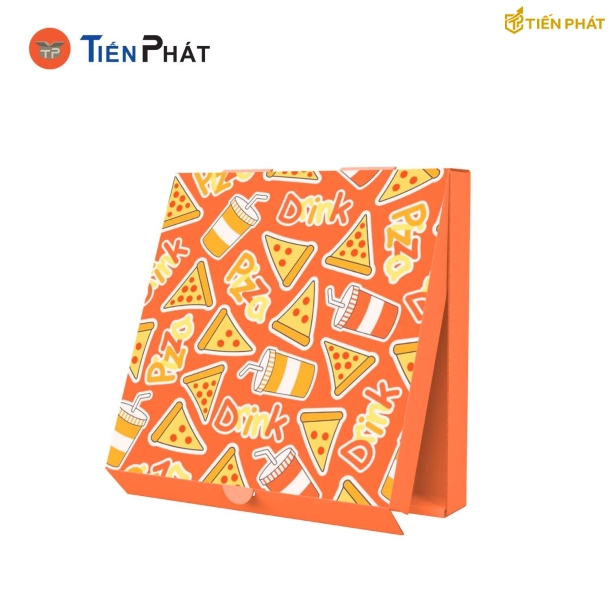 Hộp đựng bánh pizza, màu cam, họa tiết miếng pizza, ly nước