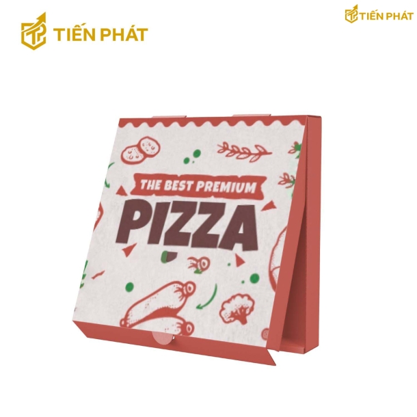 Hộp đựng bánh pizza, màu đỏ, họa tiết chữ "The best premium pizza"