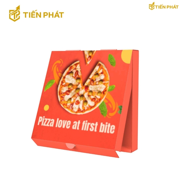 Hộp đựng bánh pizza, màu đỏ, họa tiết miếng pizza bị khuyết