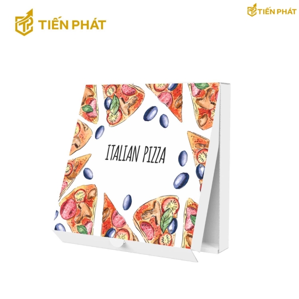 Hộp đựng bánh pizza, màu trắng, họa tiết miếng pizza, chữ "Italian Pizza"