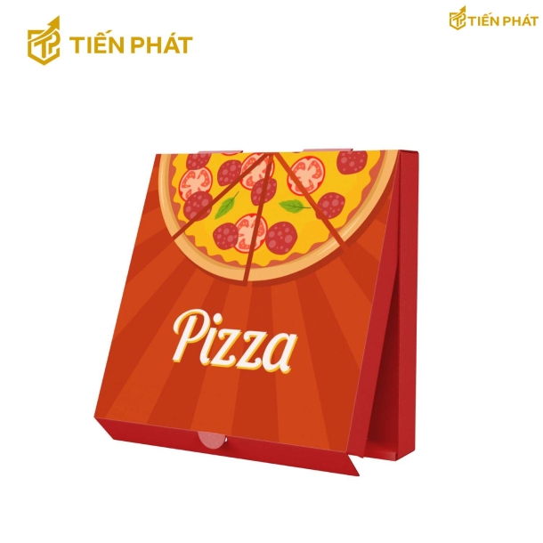 Hộp đựng bánh pizza, màu trắng, họa tiết miếng pizza, chữ "Pizza"
