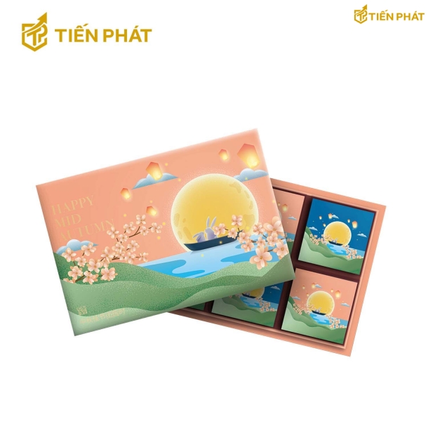 Hộp đựng bánh trung thu màu cam, in hình lồng đèn và mặt trăng