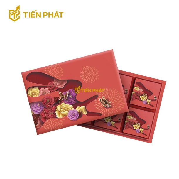 Hộp đựng bánh trung thu, màu đỏ, in hình các bông hoa