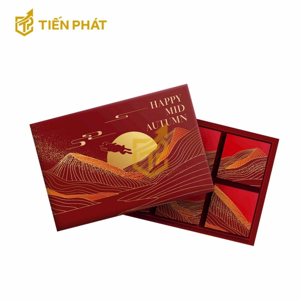 Hộp đựng bánh trung thu, màu đỏ, in hình chú thỏ, chữ "Happy Mid-Antumn"