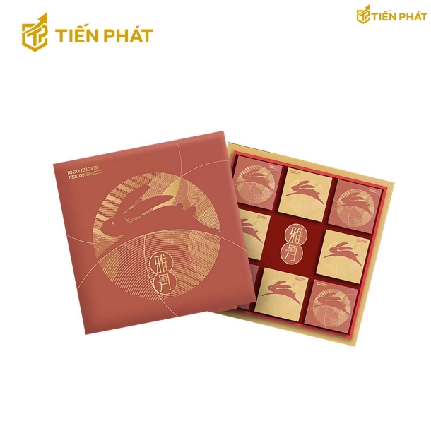 Hộp đựng bánh trung thu, màu đỏ, in hình chú thỏ nằm trong mặt trăng