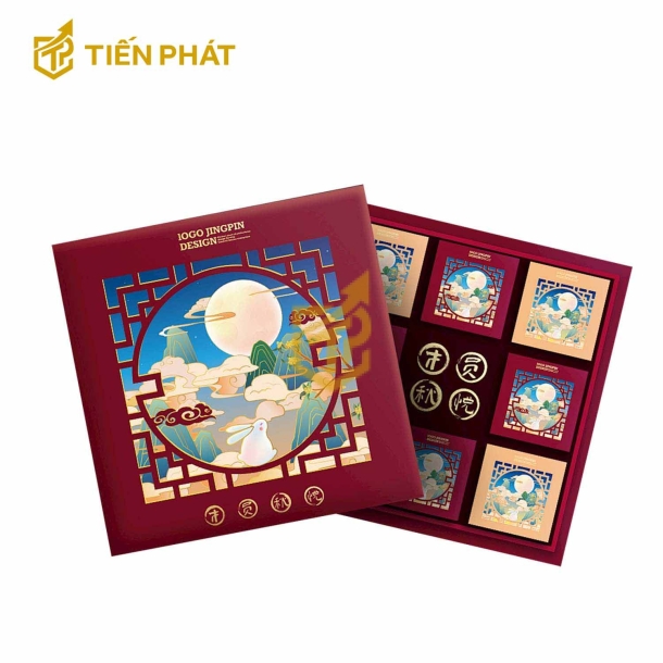 Hộp đựng bánh trung thu, màu đỏ, in hình chú thỏ ngồi cửa sổ ngắm trăng