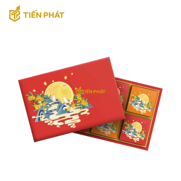 Hộp đựng bánh trung thu, màu đỏ, in hình trăng tròn, thỏ ngọc