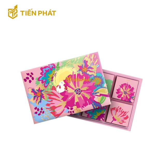 Hộp đựng bánh trung thu, màu hồng, in hình bông hoa nhiều màu sắc