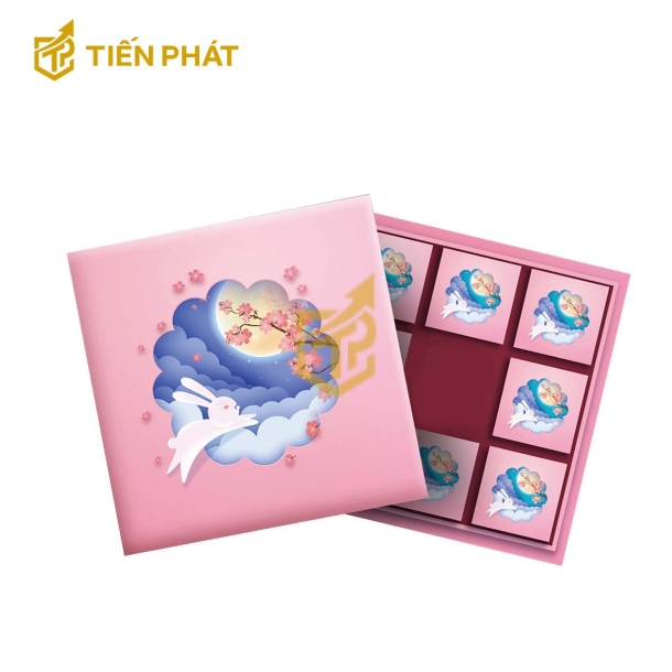 Hộp đựng bánh trung thu, màu hồng, in hình chú thỏ đang nhảy dưới ánh trăng