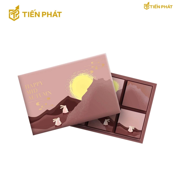 Hộp đựng bánh trung thu, màu hồng, in hình chú thỏ ngồi ngắm trăng