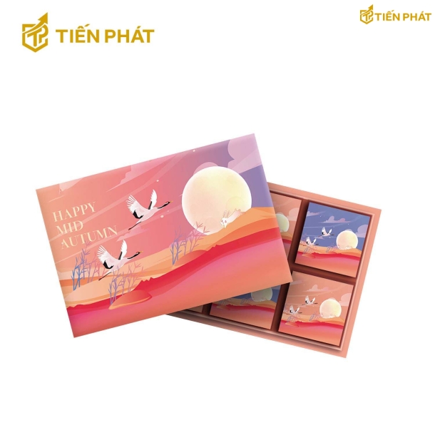 Hộp đựng bánh trung thu, màu hồng, in hình con cò, mặt trăng