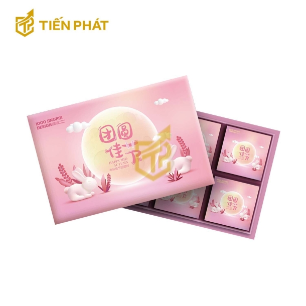 Hộp đựng bánh trung thu, màu hồng, in hình thỏ ngọc, trăng tròn