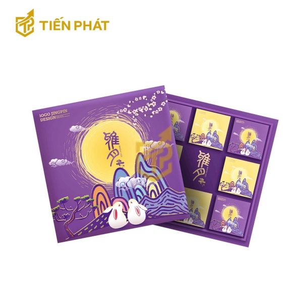Hộp đựng bánh trung thu, màu tím, in hình chú thỏ ngắm trăng