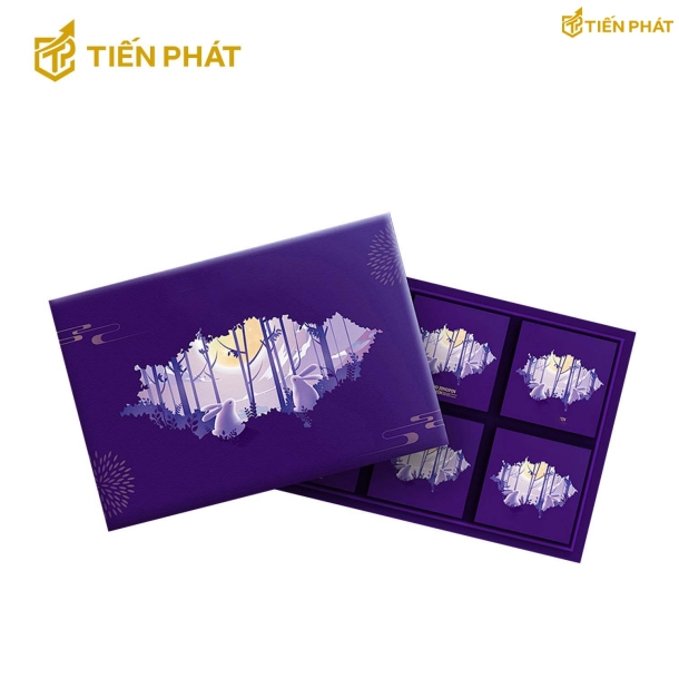 Hộp đựng bánh trung thu, màu tím, in hình thỏ ngọc ngắm trăng