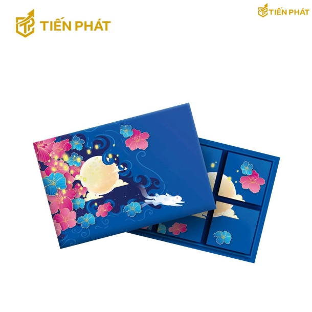 Hộp đựng bánh trung thu, màu xanh dương đậm, in hình bông hoa, lồng đèn, mặt trăng