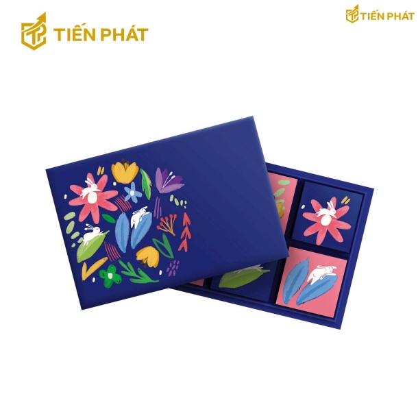 Hộp đựng bánh trung thu, màu xanh dương đậm, in hình hoa và lá, thỏ ngọc