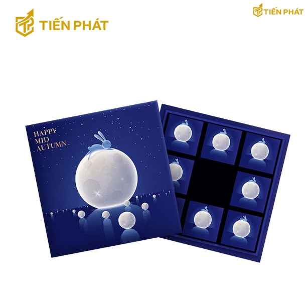 Hộp đựng bánh trung thu, màu xanh dương đậm, in hình thỏ ngọc nằm trên mặt trăng