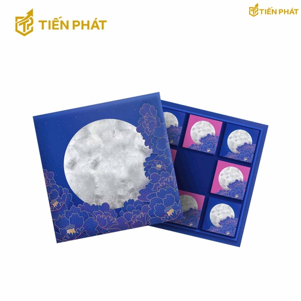 Hộp đựng bánh trung thu, màu xanh, in hình mặt trăng