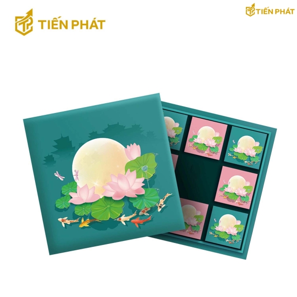 Hộp đựng bánh trung thu, màu xanh lá, in hình cá chép, hoa sen, mặt trăng