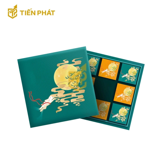 Hộp đựng bánh trung thu, màu xanh lá, in hình chú thỏ đang bay lên cung trăng