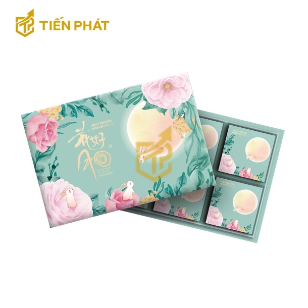 Hộp đựng bánh trung thu, màu xanh lá, in hình hoa và thỏ ngọc