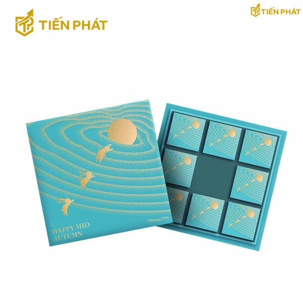 Hộp đựng bánh trung thu, màu xanh ngọc bích, in hình chú thỏ đang bay lên mặt trăng