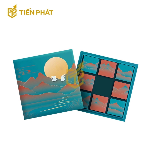 Hộp đựng bánh trung thu, màu xanh ngọc bích, in hình chú thỏ ngồi trên núi ngắm trăng