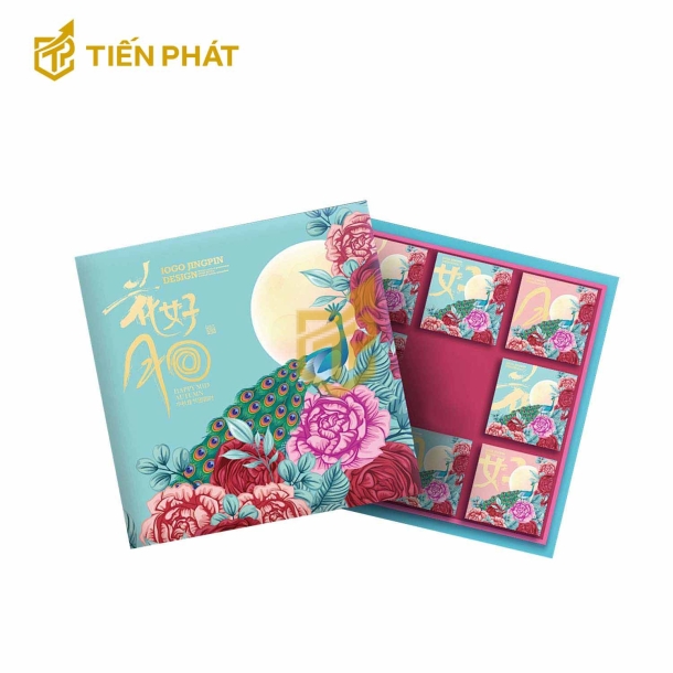 Hộp đựng bánh trung thu, màu xanh ngọc bích, in hình con công, mặt trăng