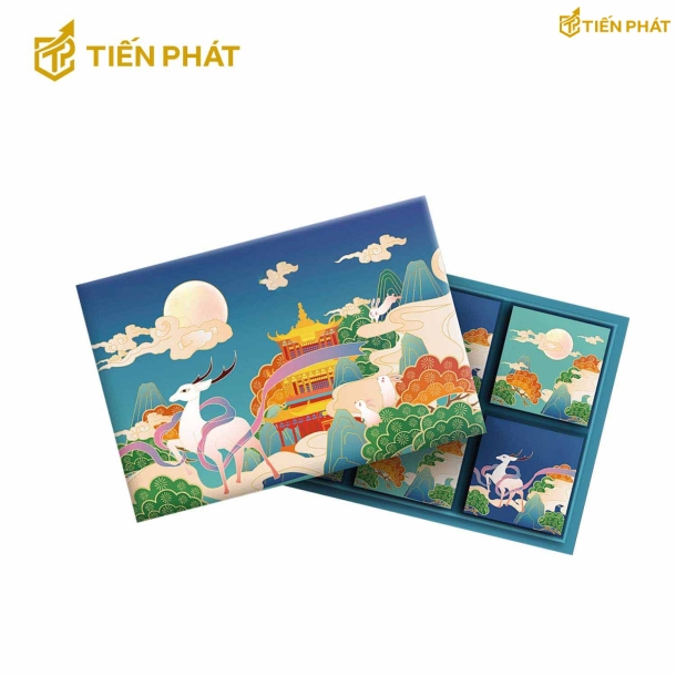 Hộp đựng bánh trung thu, nhiều màu sắc, in hình cung đình