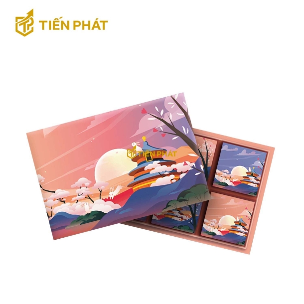 Hộp đựng bánh trung thu, nhiều màu sắc, in hình cung trăng, thỏ ngọc