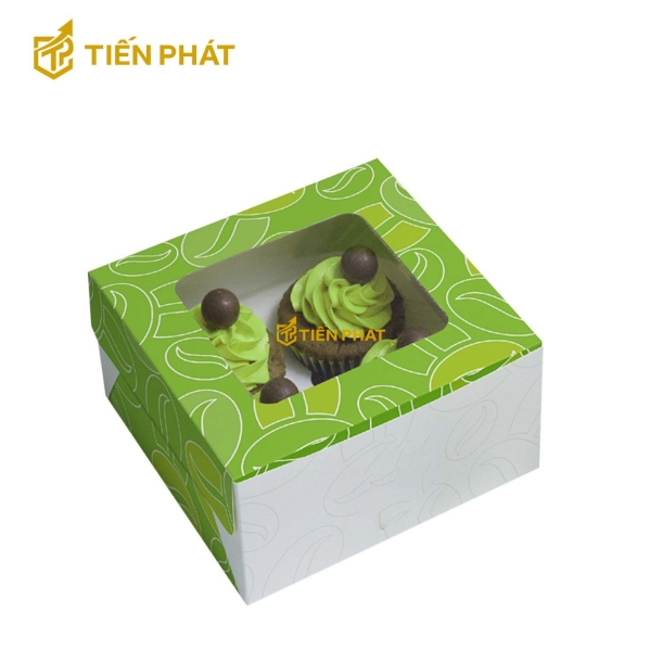 Hộp giấy đựng bánh cupcake, màu xanh lá, họa tiết đơn giản