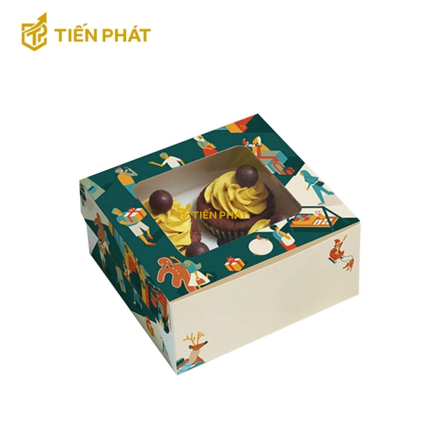 Hộp giấy đựng bánh cupcake, màu xanh lá, họa tiết vui nhộn