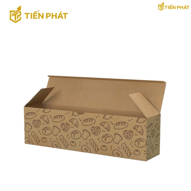 Hộp giấy đựng bánh mì, màu nâu, họa tiết ổ bánh mì