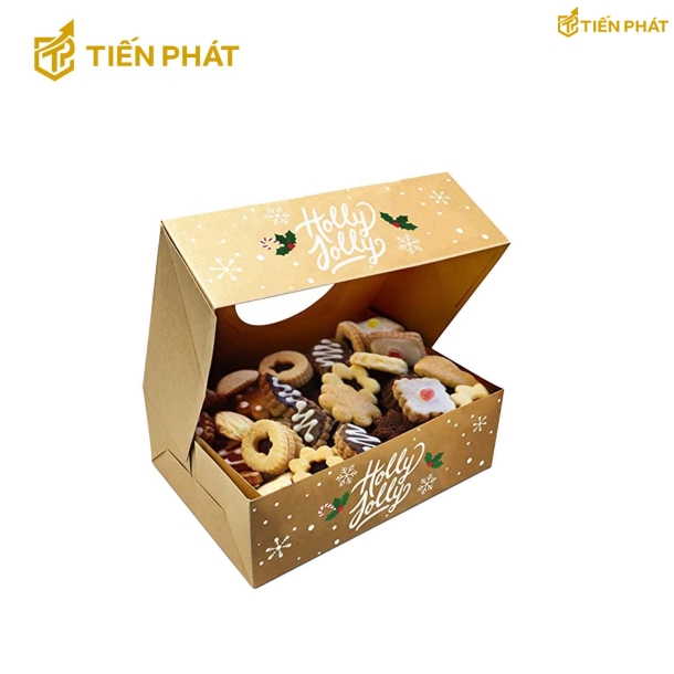 Hộp giấy đựng bánh quy, màu nâu, họa tiết Giáng Sinh