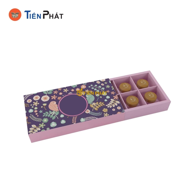 Hộp giấy đựng bánh su kem, màu tím, in hình hoa và lá