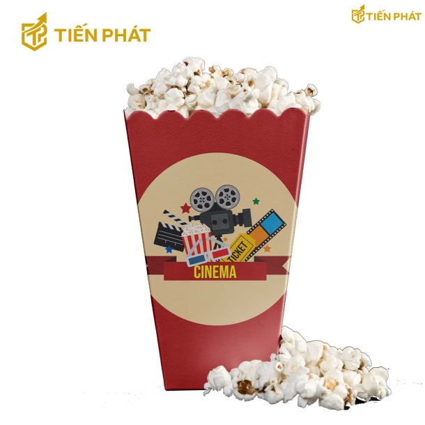 Hộp giấy đựng bắp rang bơ, màu đỏ, họa tiết rạp chiếu phim