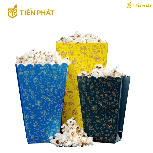 Hộp giấy đựng bắp rang bơ, nhiều màu sắc, họa tiết độc đáo