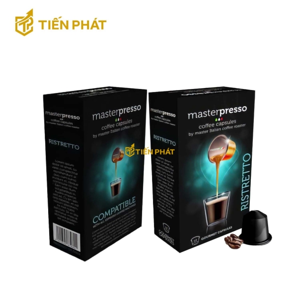Hộp giấy đựng cà phê màu đen, in chữ Masterpresso